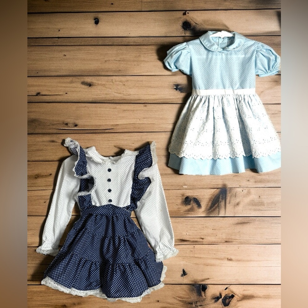 Vintage Handmade Baby Girls 12 Month* Blue Ruffled A-Line Polka Dot Dresses Lot